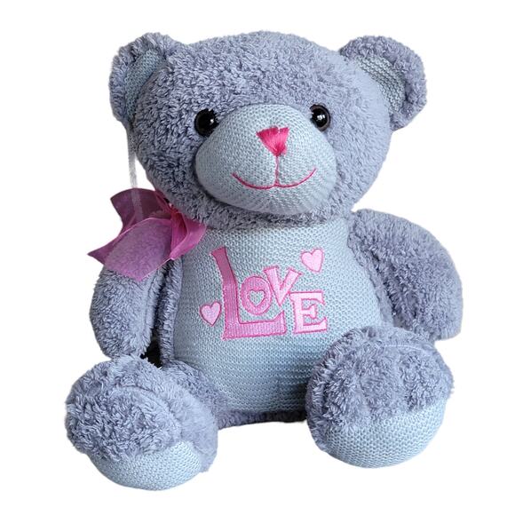 Dan Dee Teddy Bear Plush 13" Valentines Day Gray‎ Love Embroidered Sitting Gift - Picture 1 of 7